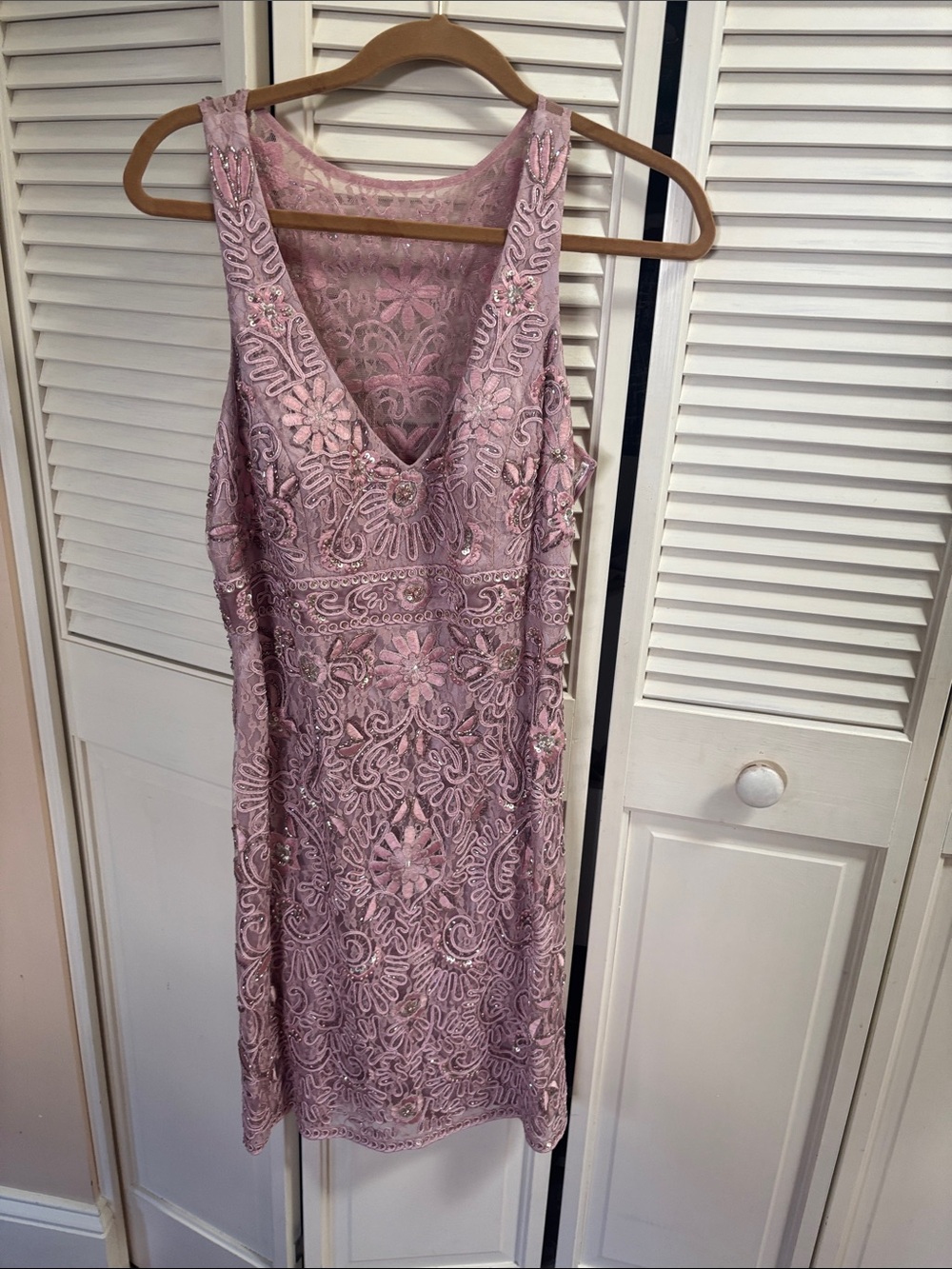 Sue Wong Blush Lace Beaded V-Neck Cocktail Dress